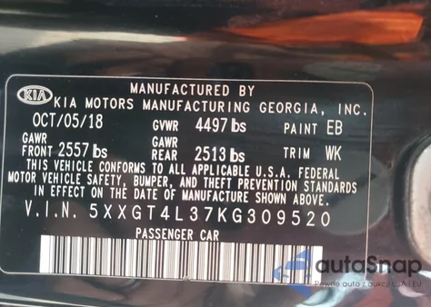 2019 Kia Optima Lx z USA, uszkodzony, nr VIN 5XXGT4L37KG309520